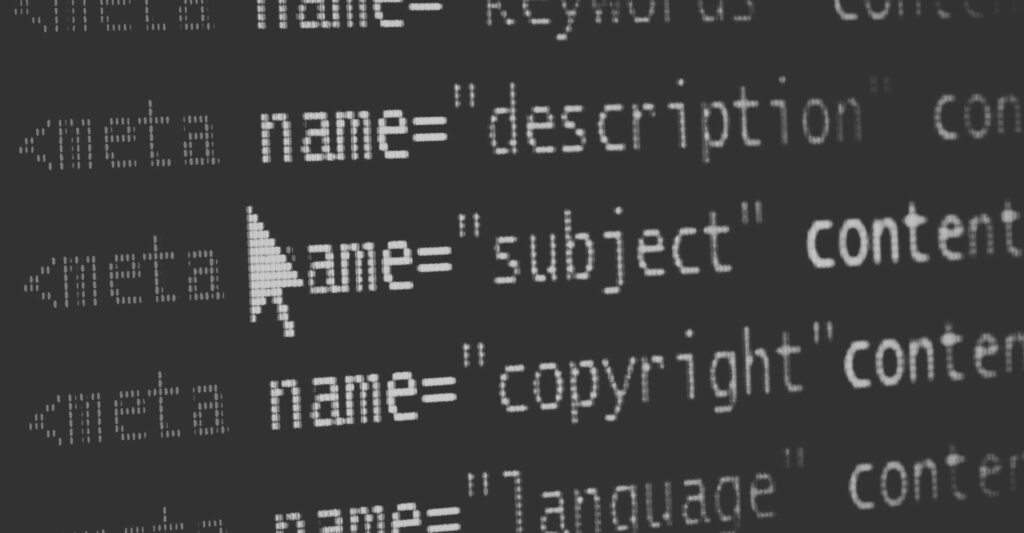 Fragment kodu HTML zawierający tagi meta z atrybutami, takimi jak 'name' i 'content'.